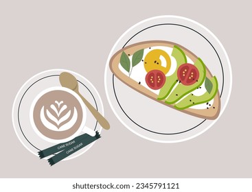 A top view perspective of a cappuccino cup on a saucer, accompanied by packets of natural cane sugar and a plate with avocado toast, the arrangement embodies a trendy approach to to food and lifestyle svg