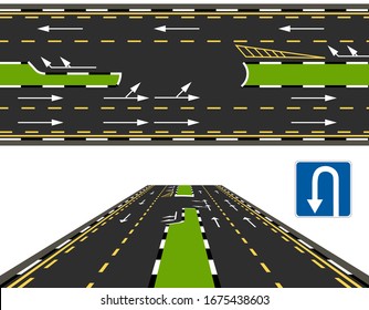 Top view and perspective view of a highway, a U-turn road. Road marking. Vector illustration