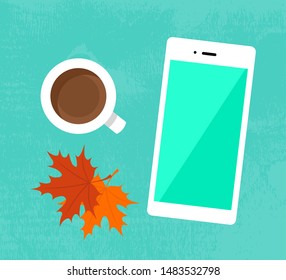 Top view of phone, cup of coffee, red and yellow autumn maple leaves on turquoise textured background. Vector illustration. Flat lay.  