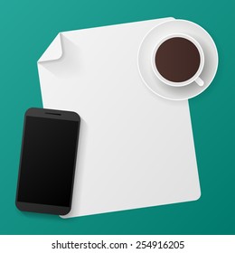 Top view of phone, cup with coffee and blank paper. Material design. Morning breakfast