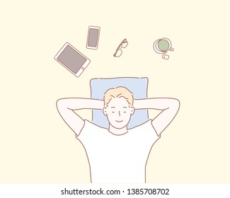 Top view photo of relaxed dreamy man who is having a daydream and lying on the floor with hands behind the head. Hand drawn style vector design illustrations.