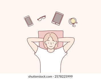 Top view photo of relaxed dreamy woman who is having a daydream and lying on the floor with hands behind the head. Hand drawn style vector design illustrations.	