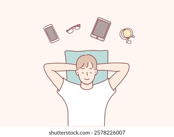 Top view photo of relaxed dreamy man who is having a daydream and lying on the floor with hands behind the head. Hand drawn style vector design illustrations.	