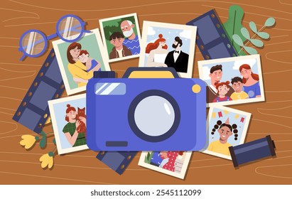 Top view at photos. Camera with photographs on table. Memory and nostalgia. Family photo album. Wedding, birthday party, woman with cat and boy with grandfather. Flat vector illustration