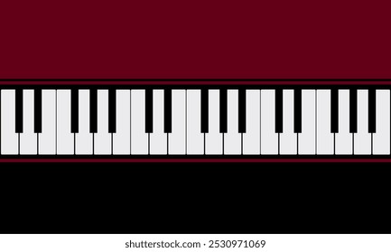 Top view of a piano keyboard in flat design on burgundy and black vector background