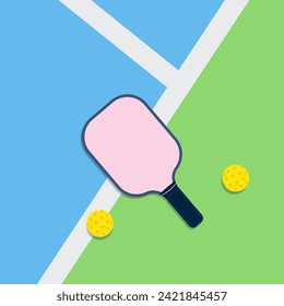 Top view of pickleball court with pink paddle and yellow balls. Colorful trendy vector illustration.