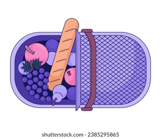 Top view picnic basket fruits baguette 2D linear cartoon object. Full of snacks wicker container isolated line vector element white background. Romantic dining storage color flat spot illustration