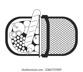 Top view picnic basket fruits baguette black and white 2D line cartoon object. Full snacks wicker container isolated vector outline item. Romantic dining storage monochromatic flat spot illustration
