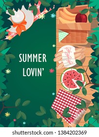 Top View Picnic Summer Design. Can Be Use For Greeting And Invitation Card. Background , Backdrop. Vector Illustration - Vector