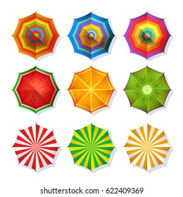 Top view picture of summer beach umbrella for relaxation. Colorful vector set isolate on white. Collection of color umbrella for protection from sun, illustration of umbrella with stripe pattern