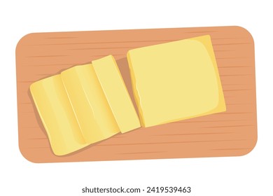 Piezas de mantequilla, margarina, ungüentos y productos lácteos en la parte superior de un tablero de madera aislado en fondo blanco. Ilustración vectorial plana.