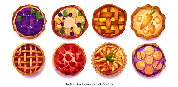 Top view pies and tarts collection with fruit fillings. Fresh desserts topped with blueberries and oranges, carrots and apples, berry jam and lattice. Cartoon sweet pastry set for bakery menu design.