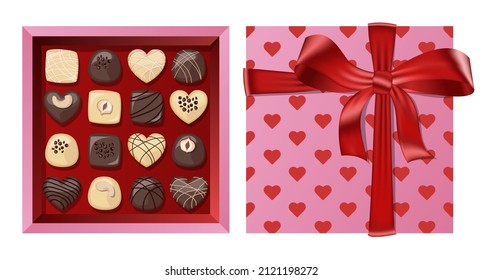 Top view pink gift open square box with red ribbon and bow and chocolates isolated on white background. Vector illustration.