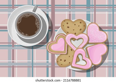Top view of pink heart shaped cookies with coconut flakes in white plate, coffee in cup on the background of checkered tablecloth. Vector illustration.
