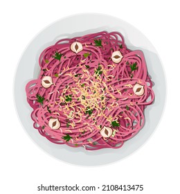 Top view of pink long pasta with cheese, hazelnuts and herbs in plate isolated on white background. Vector tangled spaghetti.
