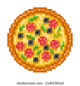 Top view pixel art pizza with salami, black olives, cheese, green bell pepper on white background. Traditional Italian food. Old school vintage retro 80s, 90s 8 bit slot machine, video game graphics.