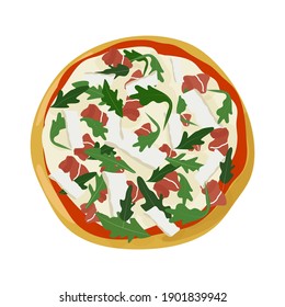 Pizza vista superior con arugula y Jamon. Ilustración del vector