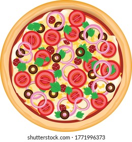 Top view of pizza with colorful toppings