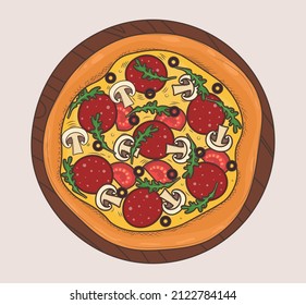 Top view pizza with different ingredients. Whole pizza with mushrooms, tomatoes, onions, peppers and cheese. Italian pizza. Hatch. Vector illustration.