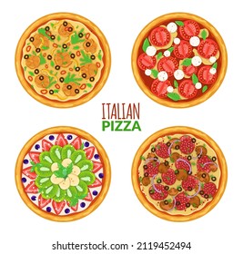 Top view pizza. Different toppings on round tortillas, italian national cuisine fast food cooking, homemade or restaurant traditional pepperoni and margarita, vector isolated set