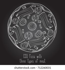 Top view of pizza. Figure for the design of the menu or packaging. White contour drawing on a black board.