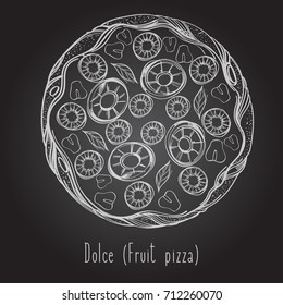 Top view of pizza. Figure for the design of the menu or packaging. White contour drawing on a black board.