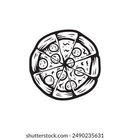 top view of the pizza line art sketch classic vintage design illustration