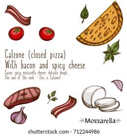 Top view of pizza. Menu page with a description of pizza.