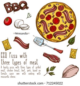 Top view of pizza. Menu page with a description of pizza.
