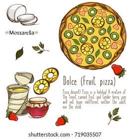 Top view of pizza. Menu page with a description of pizza.