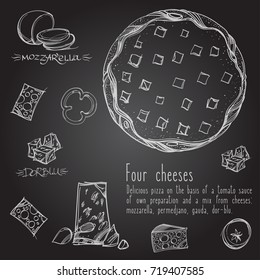 Top view of pizza. Menu page with a description of pizza. White contour drawing on a black board.
