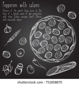 Top view of pizza. Menu page with a description of pizza. White contour drawing on a black board.