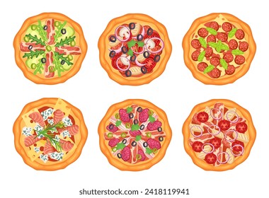 Top view pizza for menu in restaurant, meal pepperoni isolated, dinner menu snack, pizzeria elements lunch, design italy cook top. Vector illustration