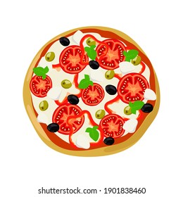 Top view pizza with mozzarella cheese and black and green olives. Vector illustration