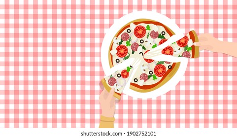 Top view pizza on the table cloth. Hands holding pieces of pizza. Vector illustration