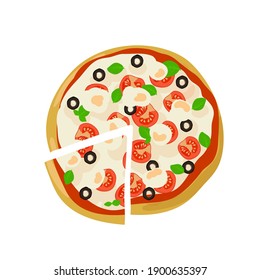 Top view pizza with tomatoes and black olives. Vector illustration