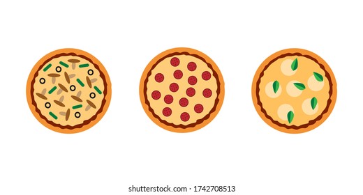 Top view pizza with various ingredients. Whole pizza. Vector illustration isolated on white background.