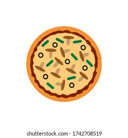 Top view pizza with various ingredients. Whole pizza. Vector illustration isolated on white background.