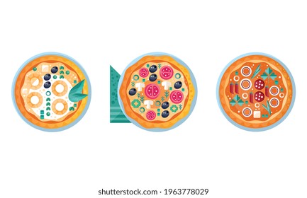 Top View of Pizza with Various Ingredients Set Flat Vector Illustration