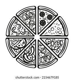 Top view of a pizza with various ingredients.