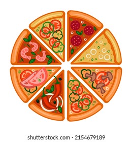 Top view of a pizza with various ingredients.