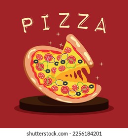 Top view pizza with various ingredients. Whole pizza with tomatoes, onions, peppers and cheese. italian pizza