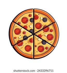 Top view pizza with various ingredients. Whole pizza with mushrooms, tomatoes, onions, peppers and cheese. Italian pizza