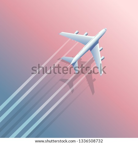 Top view of the plane above the ocean. Flying airplane, jet aircraft, airliner.