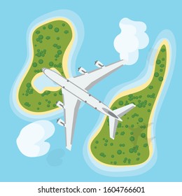 Top view of a plane flying over islands in the ocean. Commercial passenger plane. Vector.