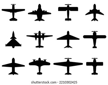 Top view of plane silhouette icon set. Vector illustration isolated on white