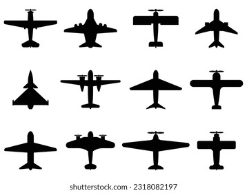 Vista superior del conjunto de iconos de silueta de plano. Ilustración del vector aislada en blanco