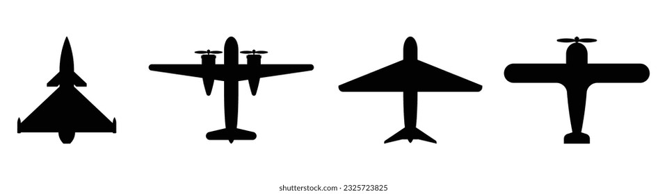 Vista superior del conjunto de iconos de silueta de plano. Ilustración del vector aislada en blanco