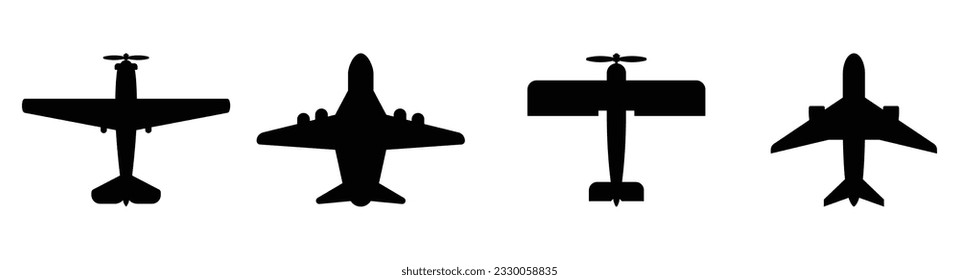 Top view of plane silhouette icon set. Vector illustration isolated on white