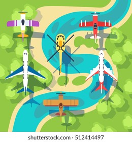 Top view planes and helicopters above landscape vector illustration